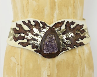 1970s White Leather & Stone Statement Belt