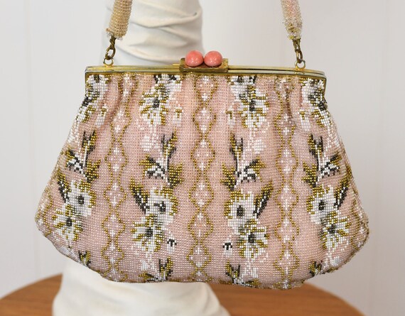 1950s Pink Floral Saks Fifth Avenue Beaded Purse … - image 2