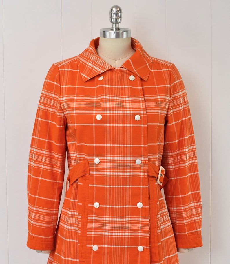 1970s Courreges Hyperbole Orange White Plaid Cotton Coat Jacket Dress image 2