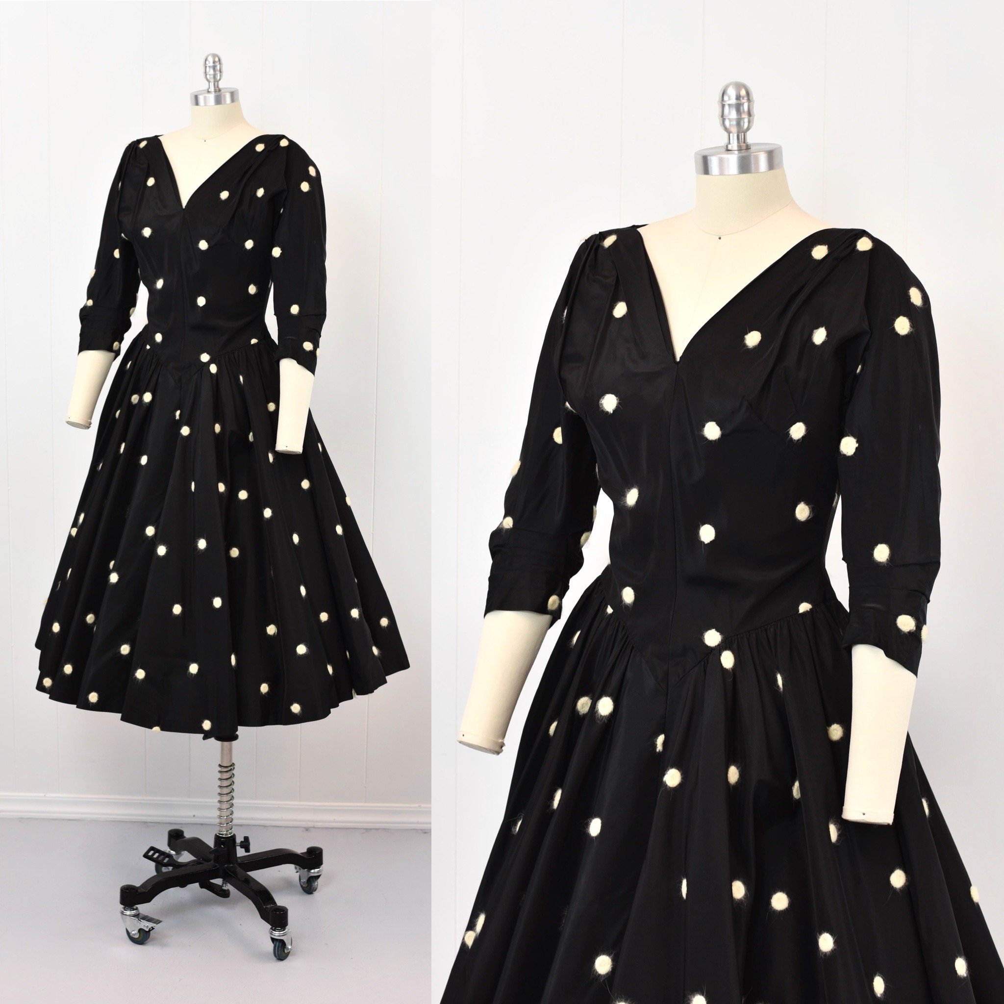 1950s Polka Dot Black White R&K Originals Taffeta Pinup Mrs