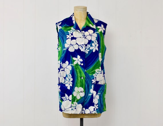 1970s Hawaiian Blue Green Hibiscus Floral Print H… - image 1