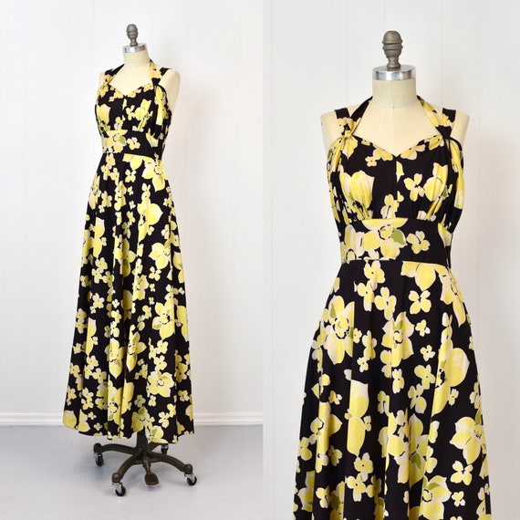 1940s Yellow Floral Black Halter Tie Gown Maxi Dr… - image 2