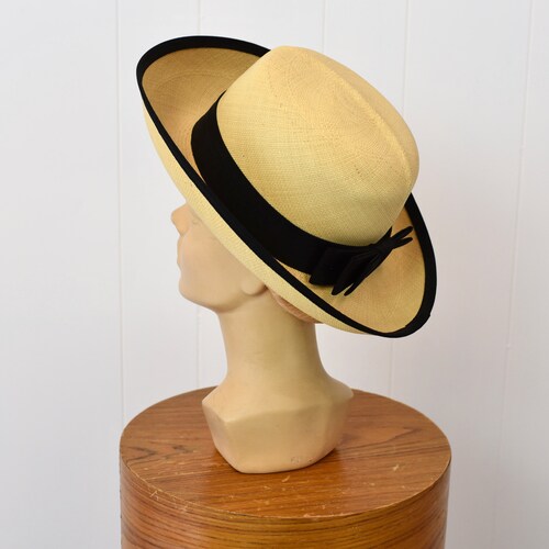1960s/1970s Tan Straw & Black Ribbon Genuine Panama shops Sun Hat