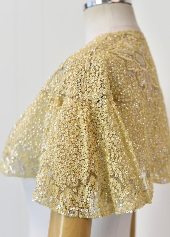 1950s/1960s Cream Yellow Floral Sequin Beaded Cap… - image 5