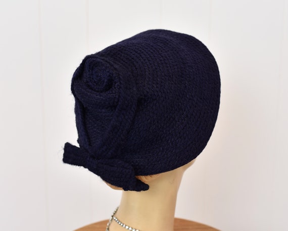 1950s/1960s Navy Blue Wool Bow Cap Hat - image 6