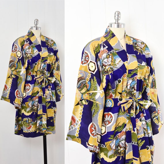 Blue Samurai Robe 1970s Blue Japanese Asian Inspired Samurai Novelty Pr… - Gem