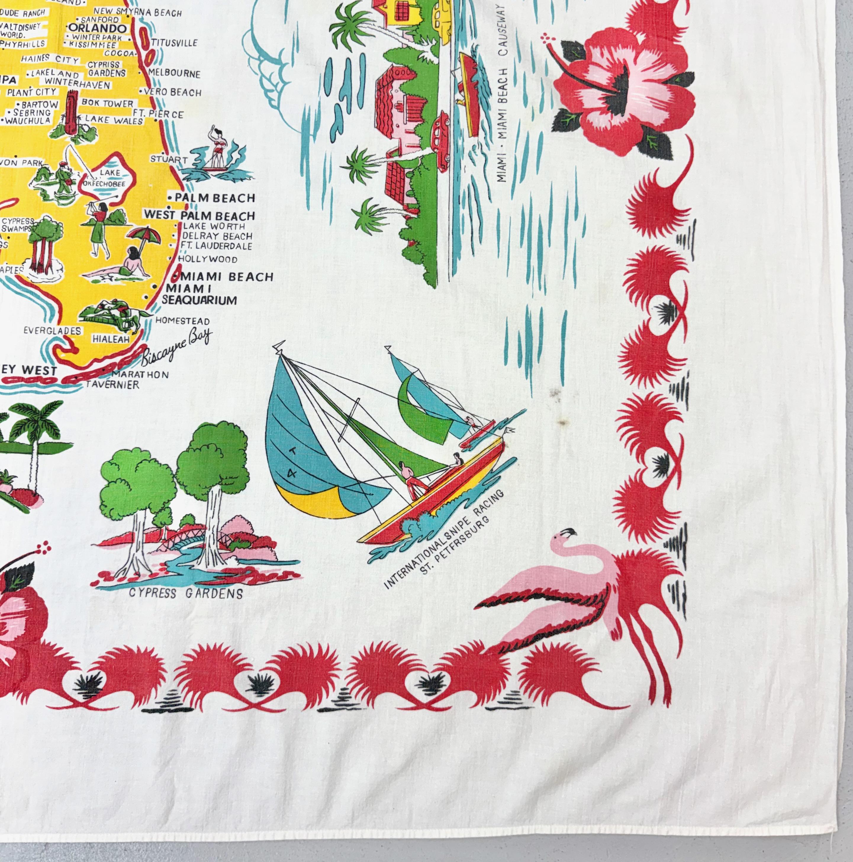 1950s/1960s Florida Souvenir Map Novelty Print Mid Century Cotton