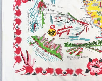 50s ビンテージ フロリダ州 マップ柄 テーブルクロス スーベニア 1950s/1960s Florida Souvenir Map Novelty Print Mid Century Cotton