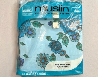 NOS 1960s/1970s Blue Roses Floral Montgomery Ward Twin Flat Bed Sheet