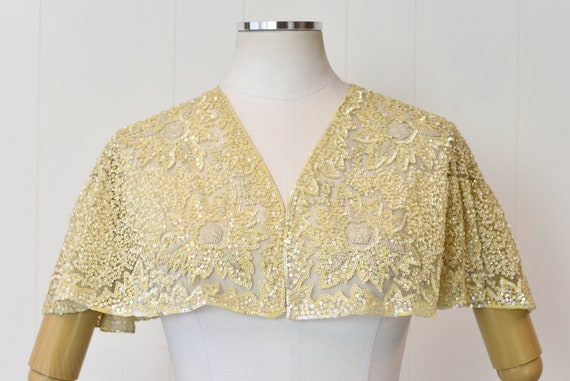 1950s/1960s Cream Yellow Floral Sequin Beaded Cap… - image 1