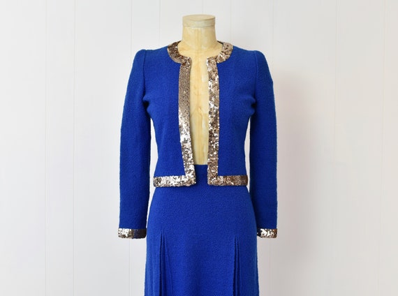 1980s Adolfo Cobalt Royal Blue Sequin Two Piece J… - image 2