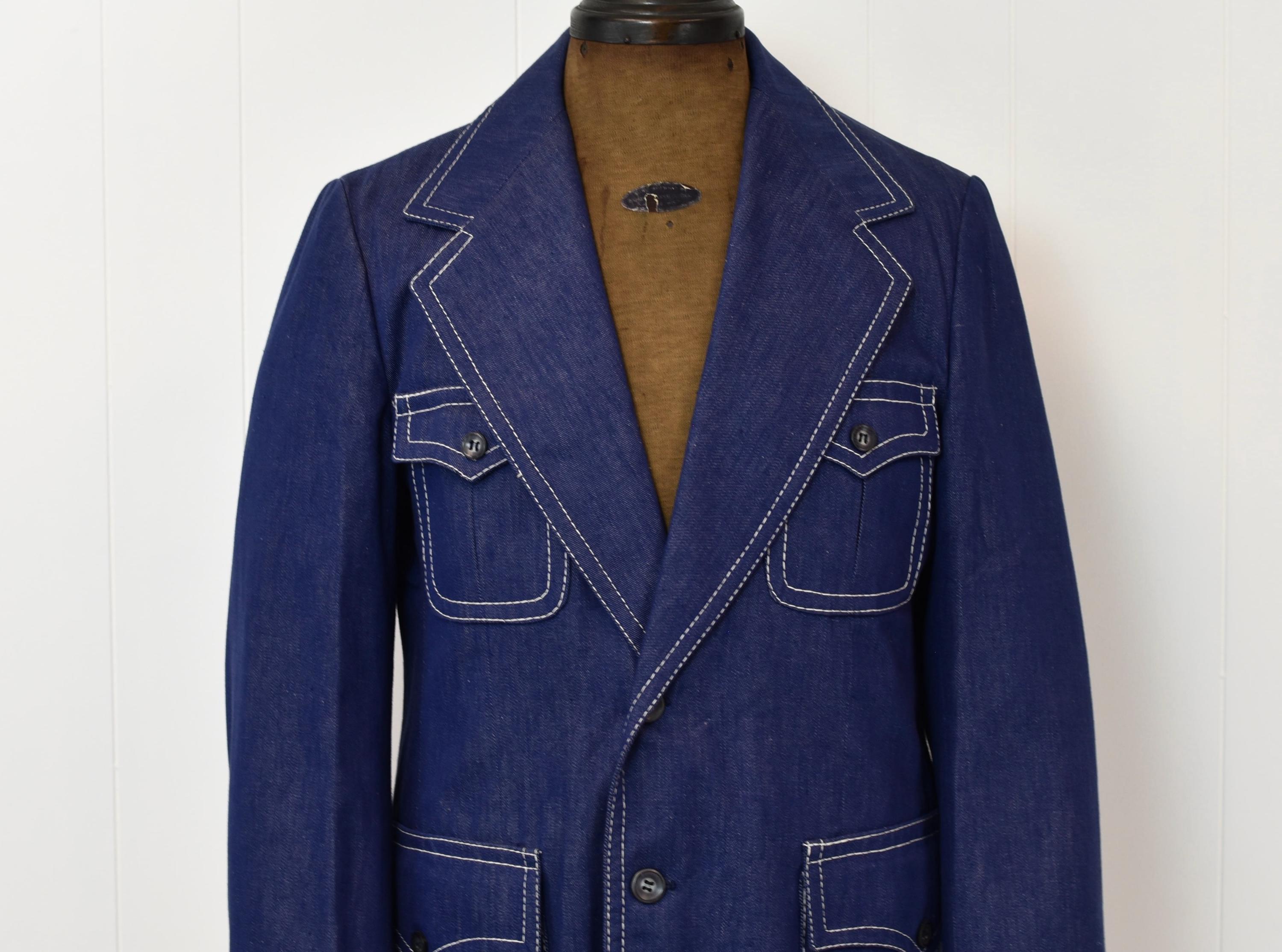 1970s Blue Jean Denim Cotton Europe Craft Mens Blazer Suit Sport