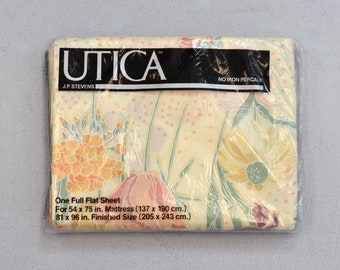 NOS 1980s Yellow Floral Print Utica J.P. Stevens Full Flat Bed Sheet