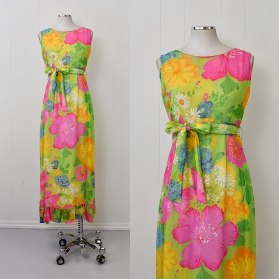 1960s Hawaiian Colorful Floral Ruffle Silk Chiffo… - image 1