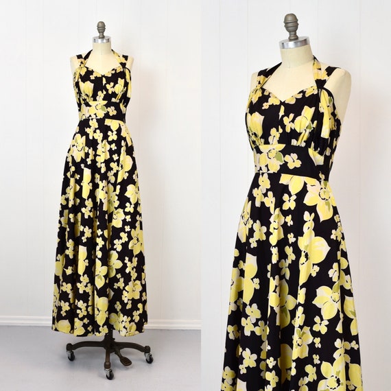 1940s Yellow Floral Black Halter Tie Gown Maxi Dr… - image 1