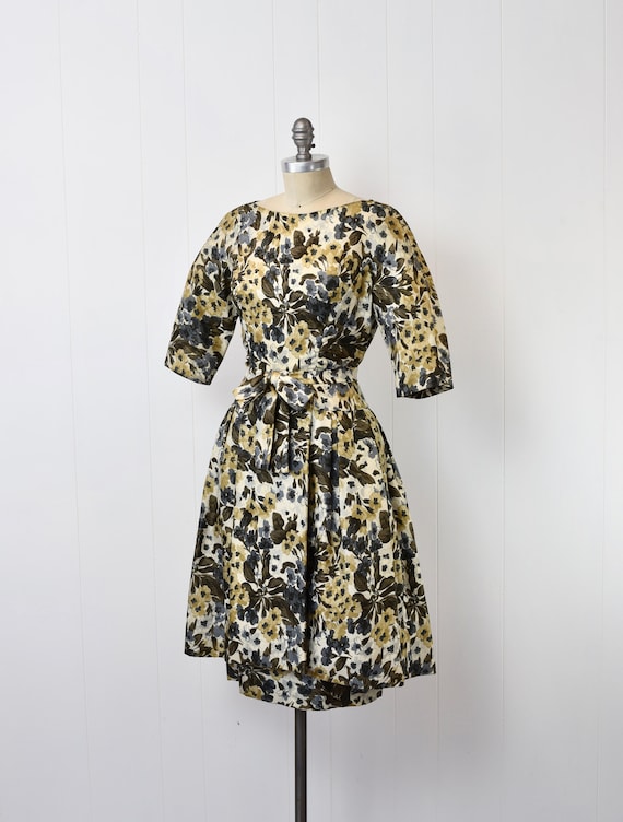 1950s Gold Floral Print Bubble Hem Party Cocktail… - image 3