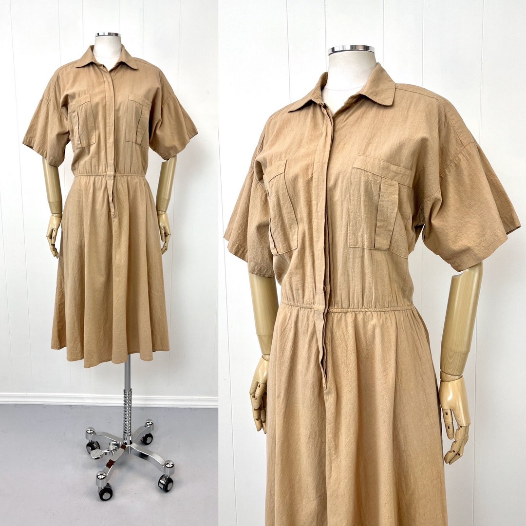 VINTAGE 70s SAFARI SHIRT CREAM KHAKI BEIGE BELTED 14 main image 0