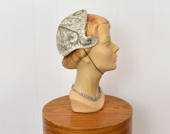 1950s Sequin Beaded Bridal Wedding Skull Cap Fasc… - image 9