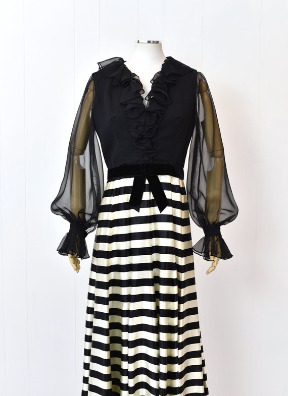 1970s Black & White Striped Ruffled Chiffon Maxi … - image 2