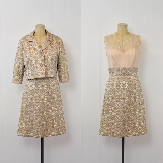 1960s Metallic Brocade Gold Chiffon Illusion Sweetheart Cocktail Party Mad  Men Jefri Fashion Dress & Cropped Jacket Two Piece Set - Etsy