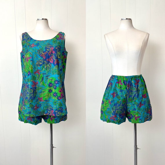 1960s/1970s Blue Green Floral Cotton Two Piece Pl… - image 1