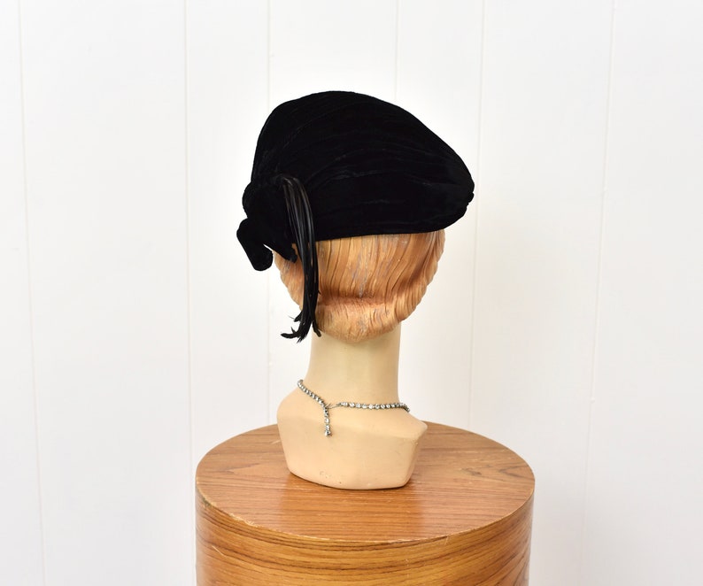 1940s Black Velvet Feathered Hat image 5