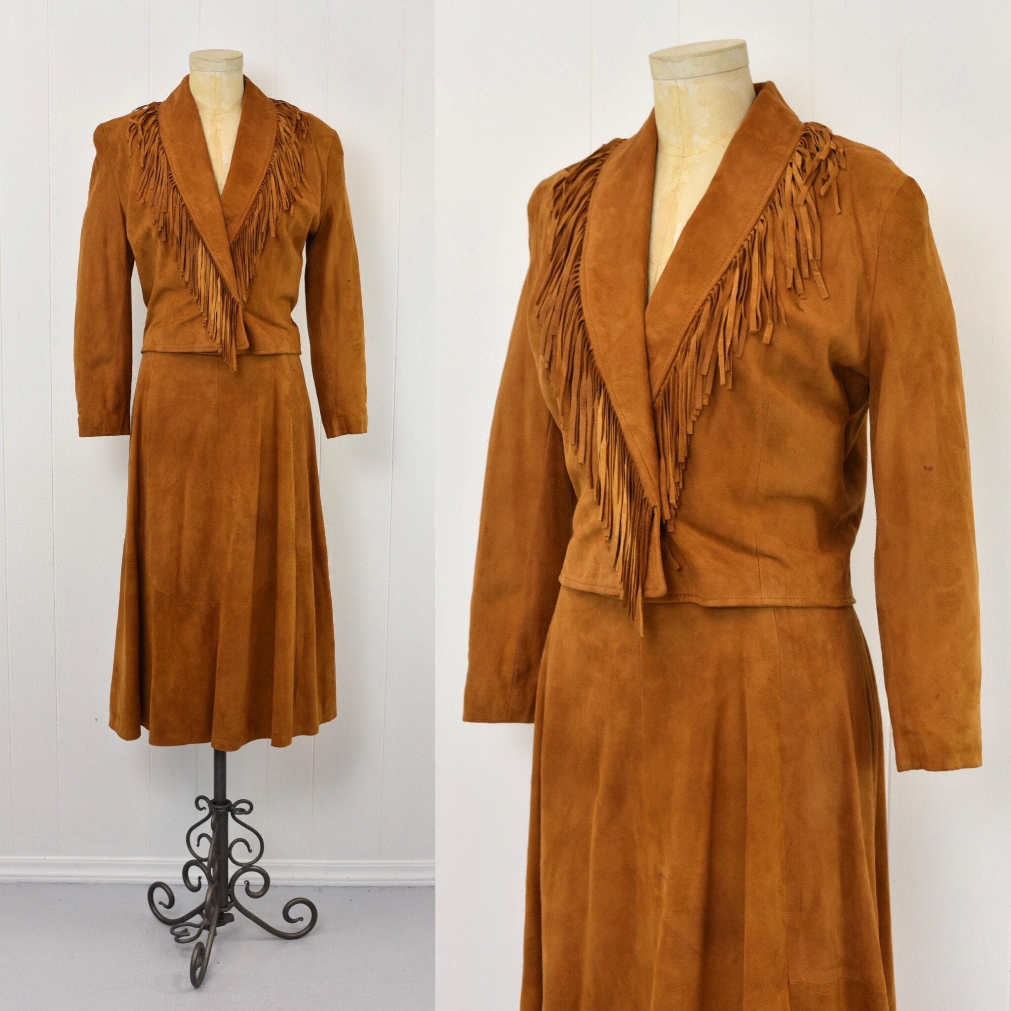 1980s Vakko Brown Suede Leather Fringe Western Cowgirl Style Matching Two Piece Jacket Skirt Suit Set
