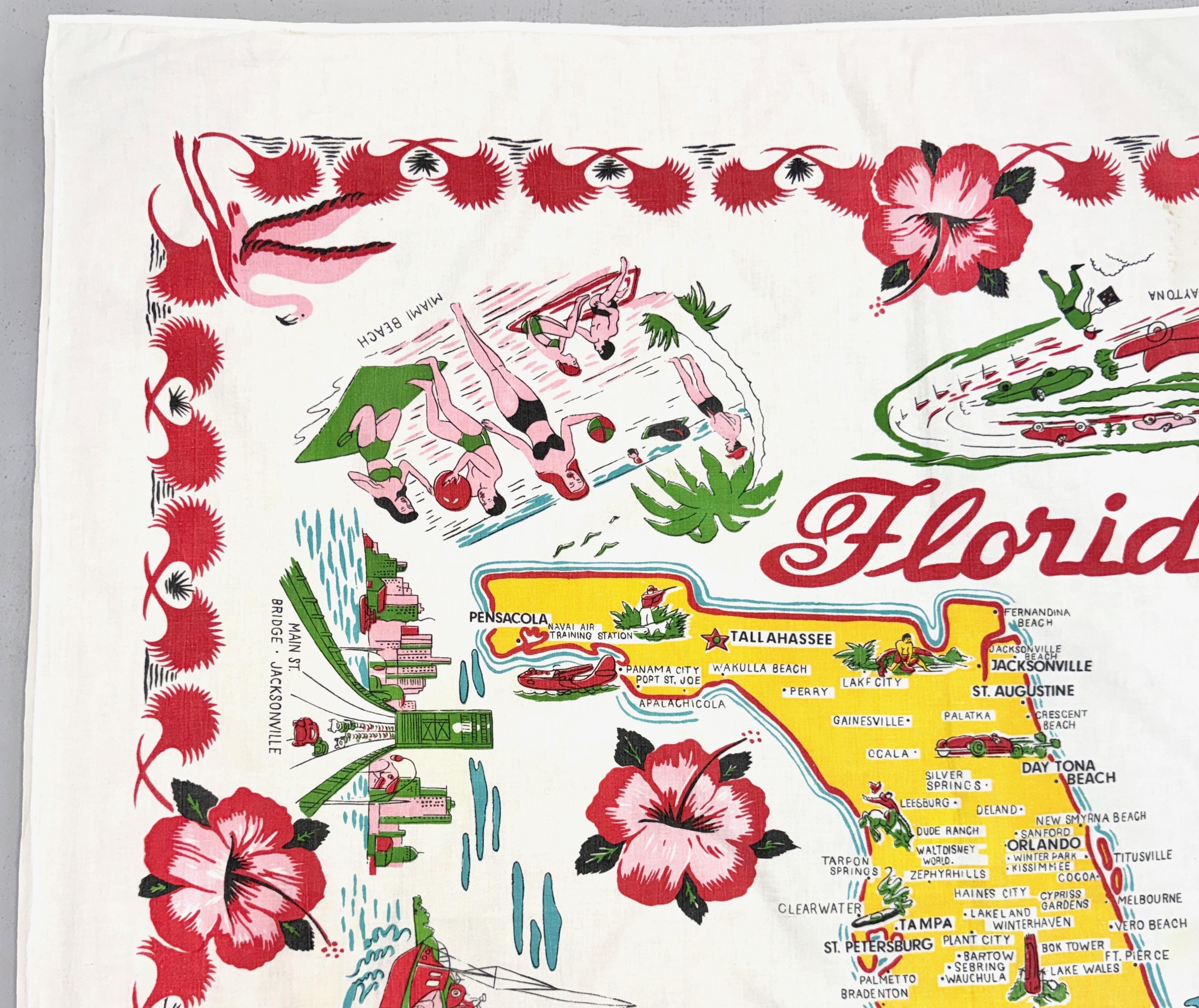 1950s/1960s Florida Souvenir Map Novelty Print Mid Century Cotton