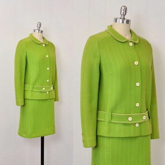 1960s/1970s Lime Green White Striped Wool Blouse … - image 3