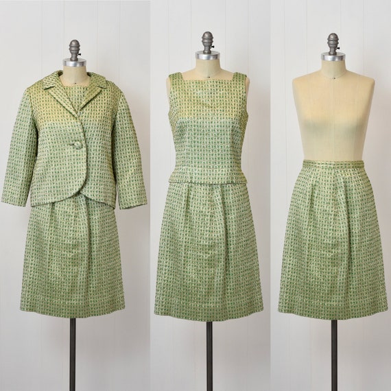 1960s Gold & Green Metallic Brocade Arbe Three Pi… - image 1