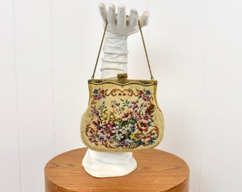 1920s/1930s Floral Needlepoint Tapestry Rhinestone Faux Pearl Ornate Frame Purse Handbag