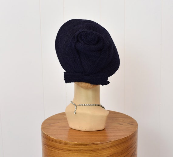 1950s/1960s Navy Blue Wool Bow Cap Hat - image 7