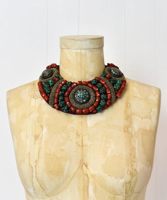 1980s Unique Artisan Made Tribal Mixed Media Statement Necklace 