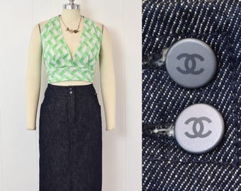 1999 Chanel Spring Collection Dark Blue Denim Cotton Pencil Skirt Interlocking C Buttons