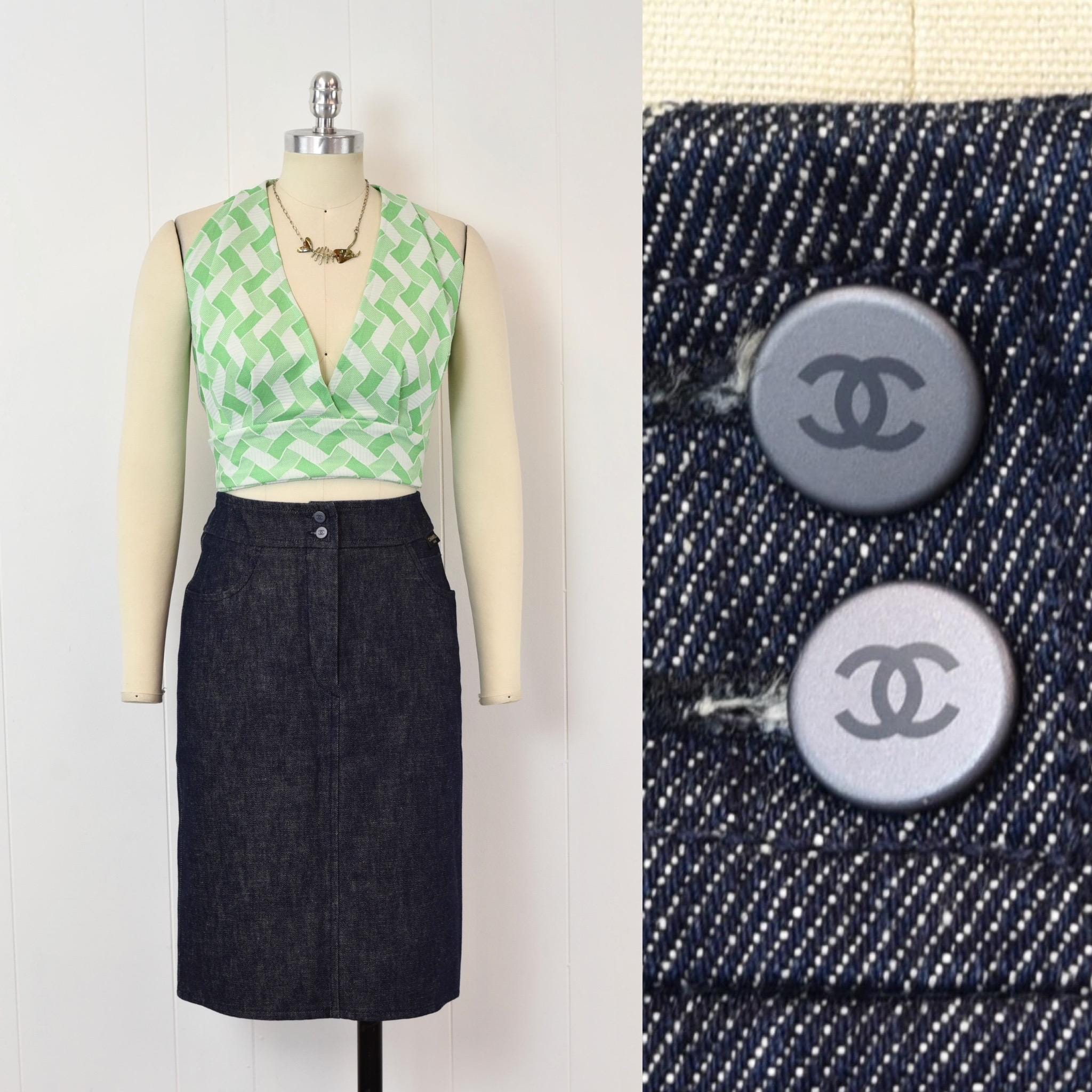 1999 Chanel Spring Collection Dark Blue Denim Cotton Pencil Skirt 