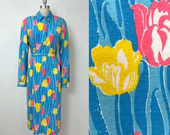 1980s Lilly Pulitzer Tulip Floral Print Blue Long Sleeve Shirt