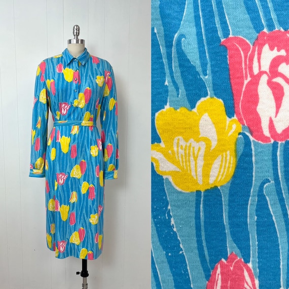 1980s Lilly Pulitzer Tulip Floral Print Blue Long Sleeve Shirt