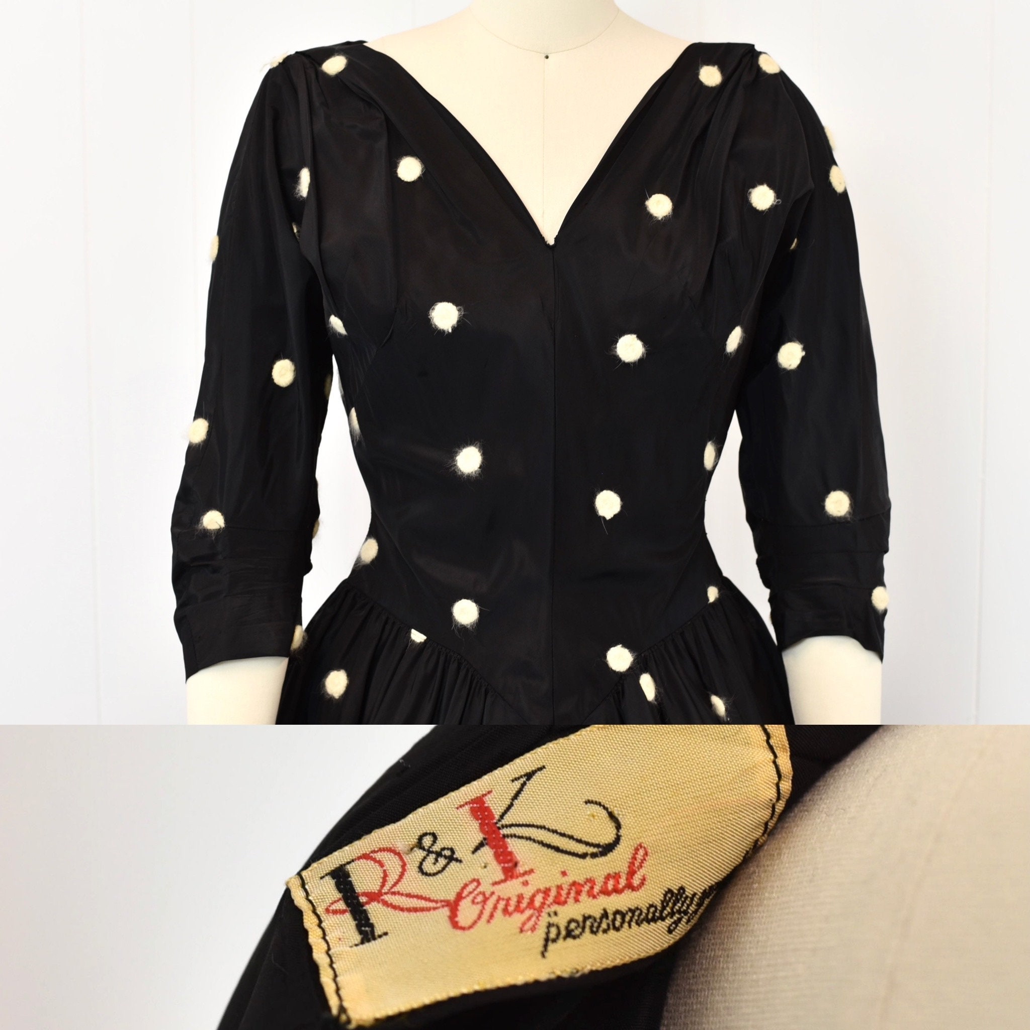 1950s Polka Dot Black White R&K Originals Taffeta Pinup Mrs