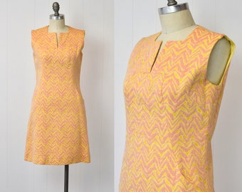 1960s Josef Pink & Yellow Chevron Striped Mod Shift Dress