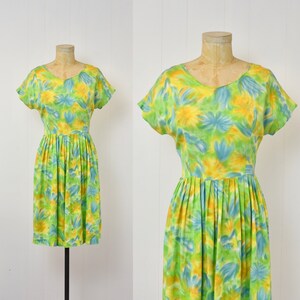 1950s Watercolor Floral Print Yellow Jo Ji Original Pinup Day Dress Plus Size Volup