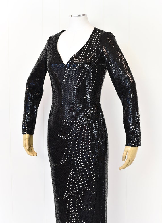 1980s Black Sequin & Rhinestone Rose Taft Gown - image 5