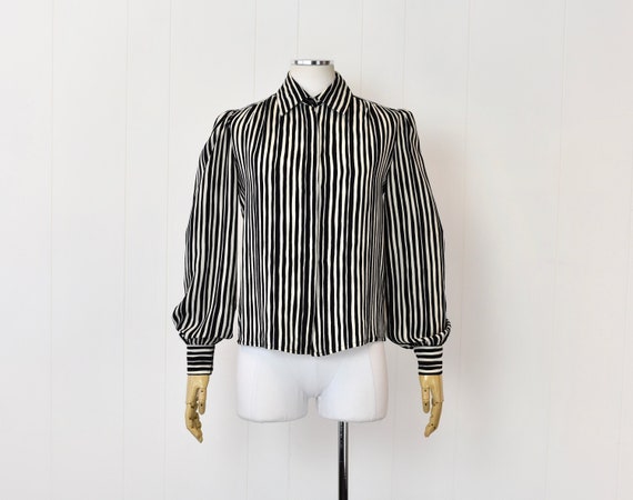 1980s Adolfo Black & White Striped Silk Blouse Sh… - image 1