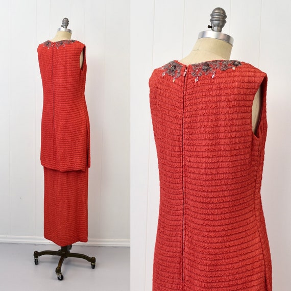 1960s Coral Beaded Rhinestone Mod Party Maxi Dres… - image 6