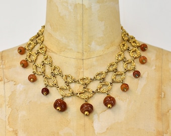 1960s Gold Toned Chain Glass Striped Chunky Statement Necklace Costume Jewelry