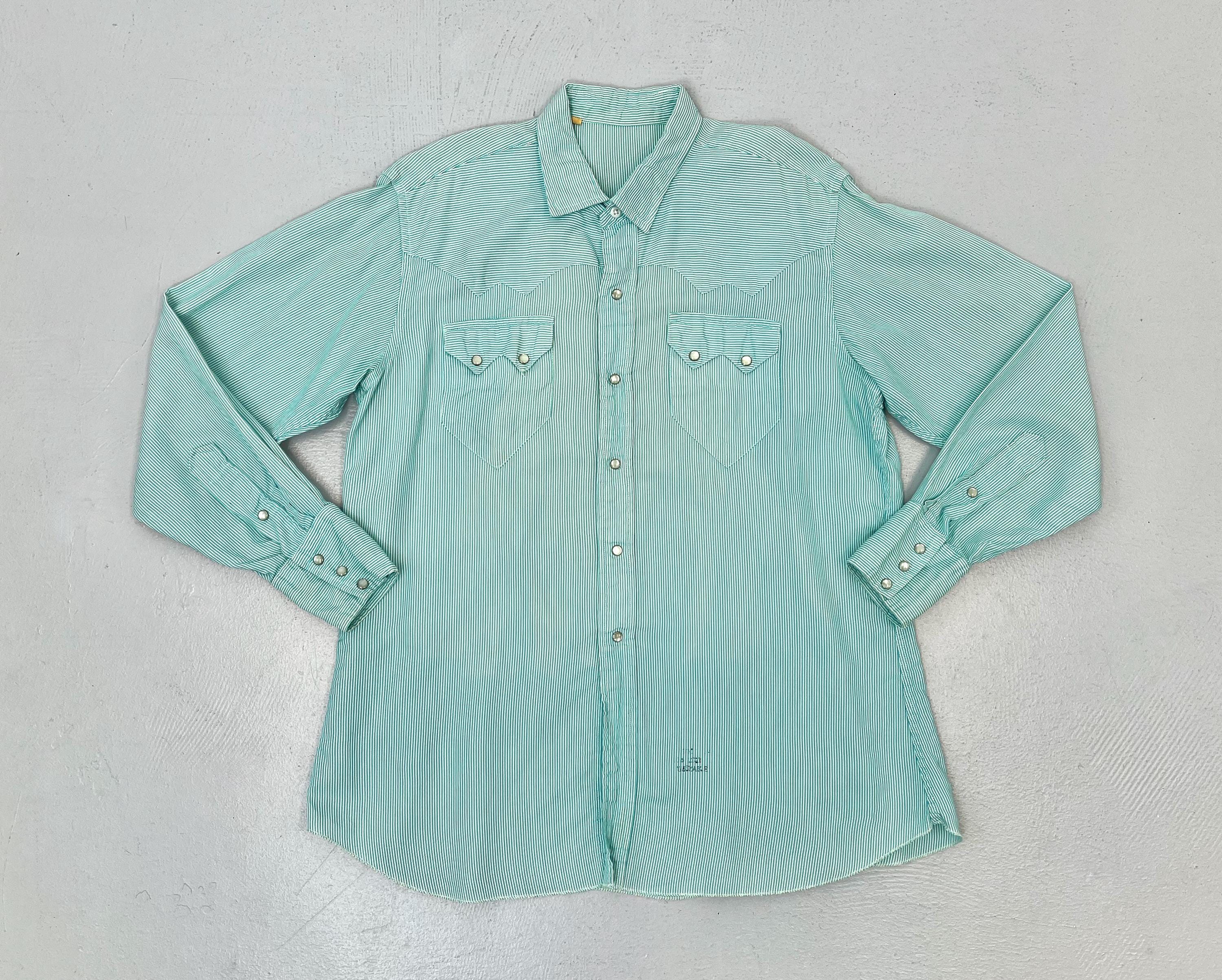 1950s Western Pearl Snap Aqua Blue White Striped Mens Long Sleeve