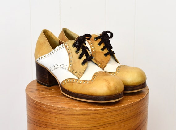 1970s Groovy Platform Leather Wood Mustard Oxford… - image 1