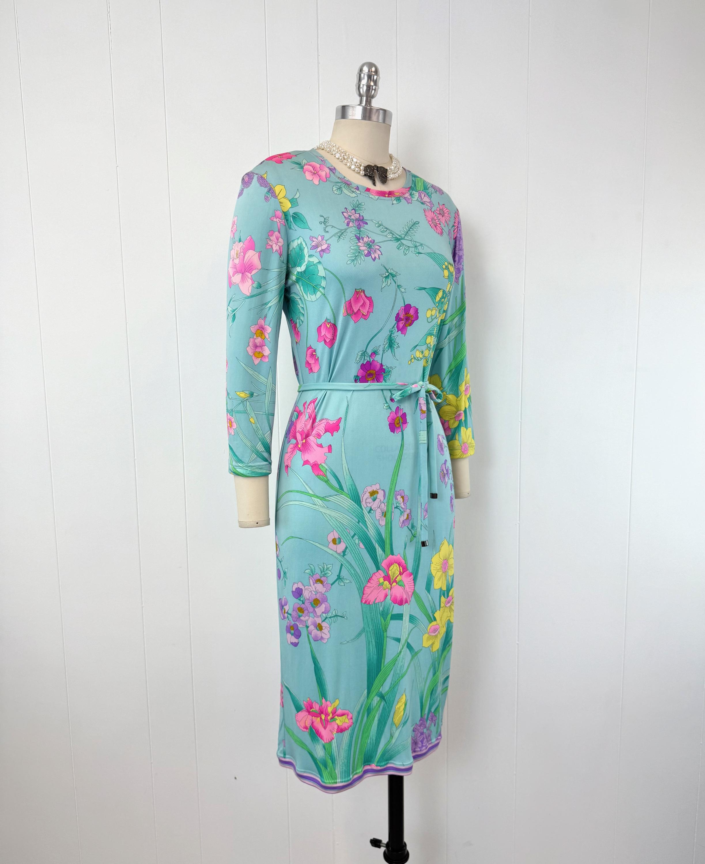 Vintage Leonard Paris Blue Floral Berry Fruit Novelty Print Silk