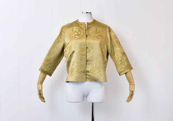 1950s Asian Gold Satin Brocade Jacket Top - image 1