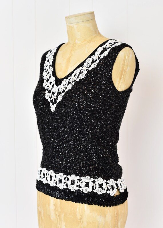 1960s Black & White Sequin Beaded Floral Top Blou… - image 2