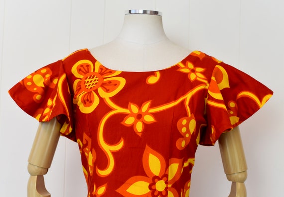 1960s Red & Yellow Hawaiian Floral Tiki Viva Las … - image 3